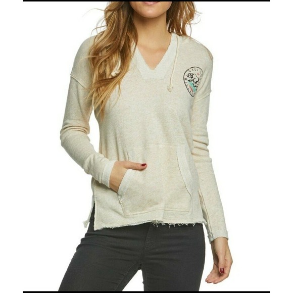 Billabong Tops - Billabong Cali Love Hoodie Womens Medium Oatmeal Graphic Raw Hem Surf